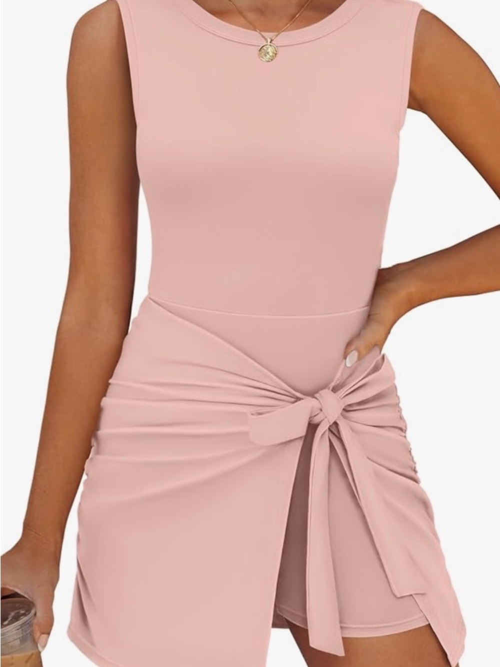 Sleeveless Pink Tie-Waist Mini Dress built in shorts